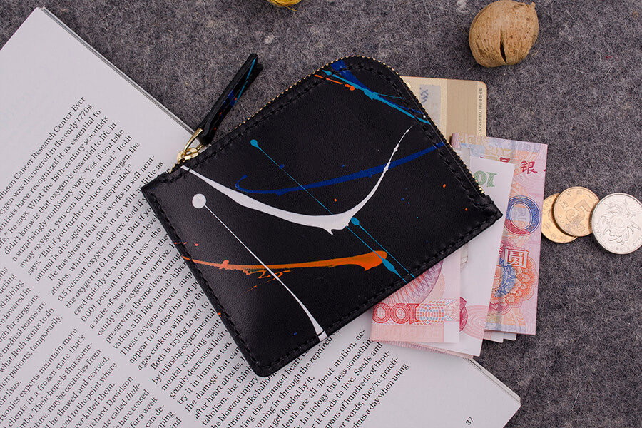 Genuine Leather Splatter Short Zip Wallet 